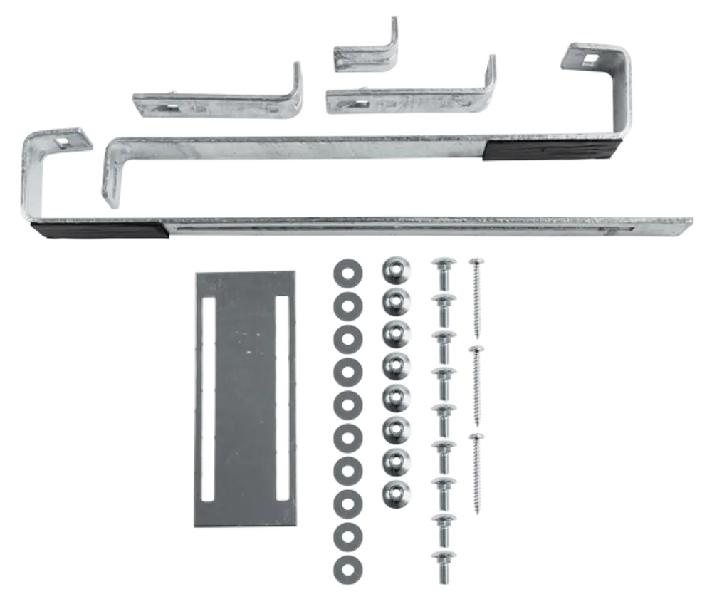 Wolf Solarhaken-System-Set, bestehend aus verschiedenen Metallhaltern, Schrauben und Unterlegscheiben, zur Montage von Solaranlagen.